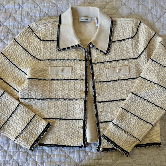 Sandro Cropped Jacket, Cream with Black Stripe and Pearl Buttons. Large. New. - Picture 2 of 15